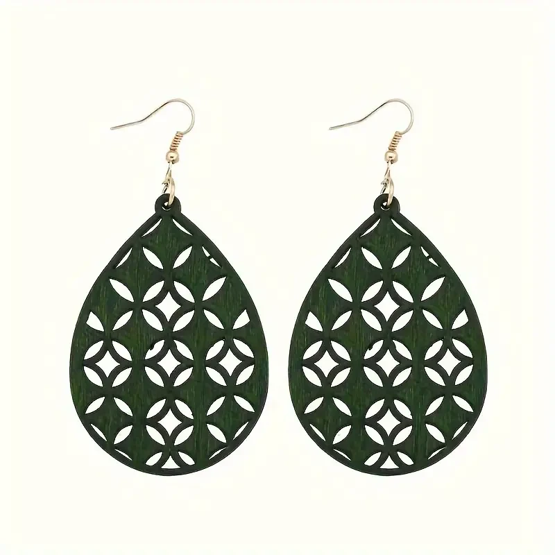 Set Wooden Carved Pattern Dangle Earrings