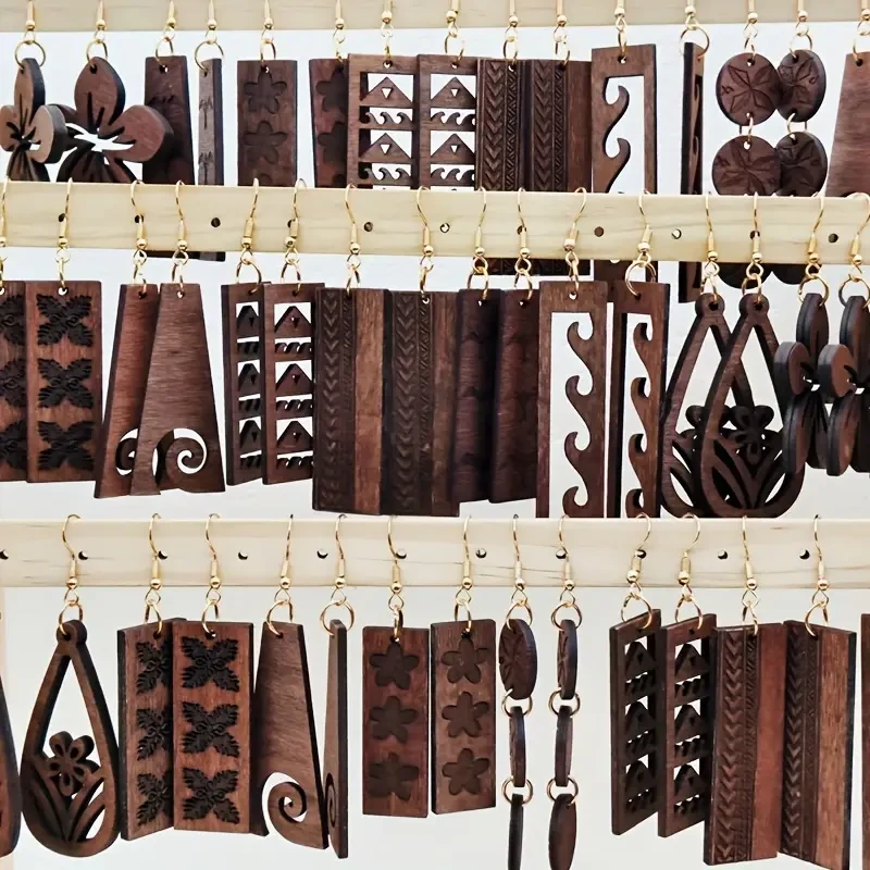 Vintage-Inspired Wooden Dangle Earrings Set