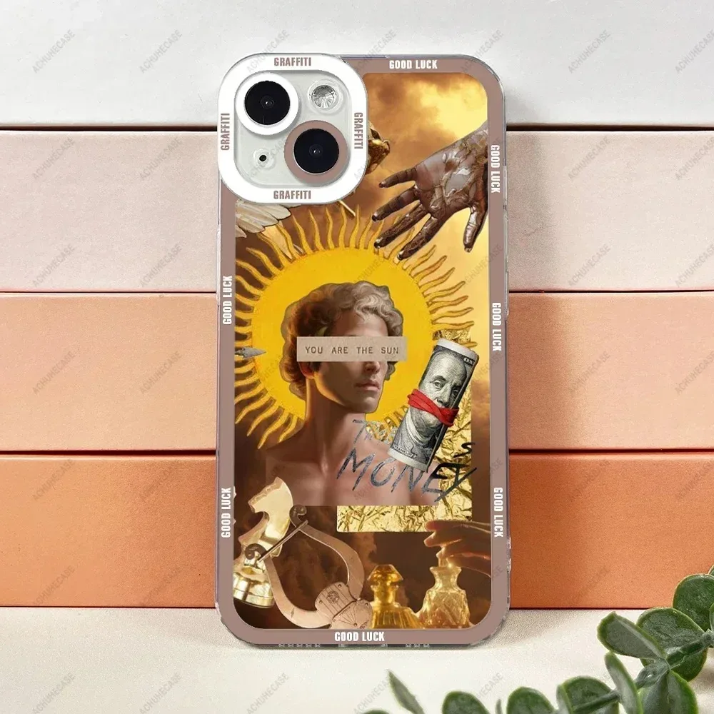 Color: GRAY, Material: Wood - Aesthetic Statue Art Phone Case For iPhone 16 15 14 13 12 11 Pro Max XS X XR Plus Mini Luxury Transparent Soft Funda