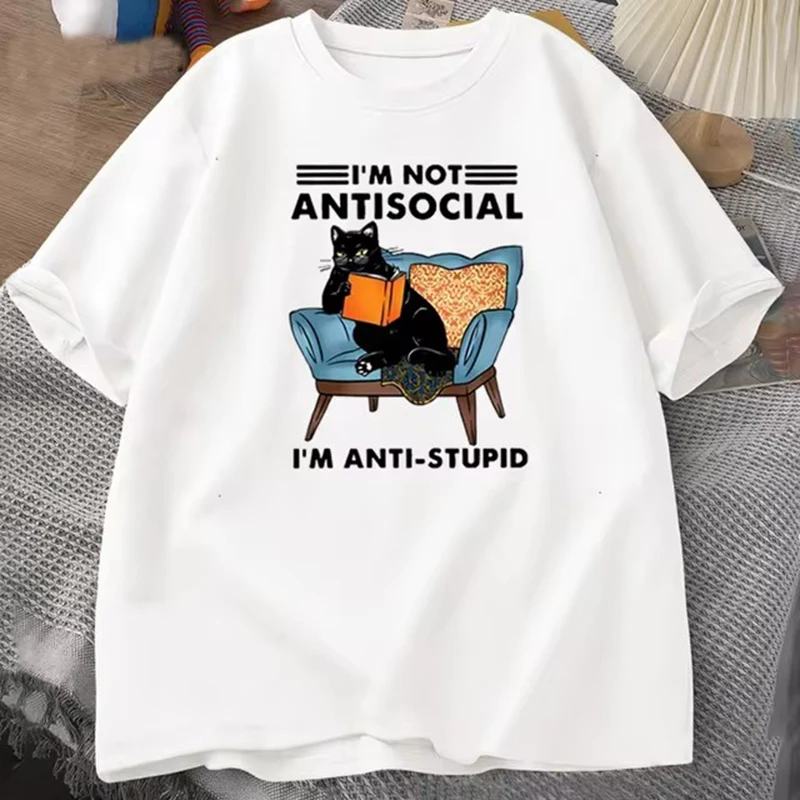 Color: Yellow, Size: XXL - funny cat reading book T-Shirts Graphic Tees Cotton Mens Clothing O Neck Meme Short Sleeve Tees Harajuku Fashion Womens Oversize