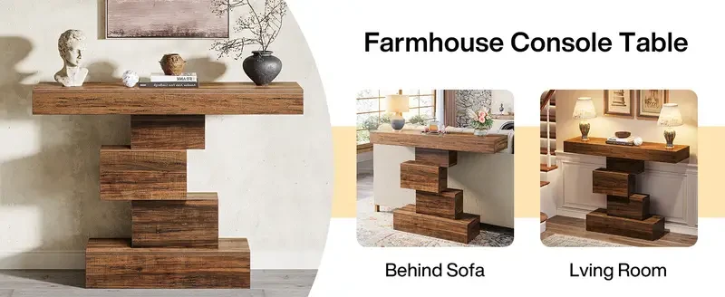 Tribesigns Farmhouse Console Table, 42.5-Inch Narrow Wood Sofa Table Behind Couch with Geometric Base, Industrial Entryway Accent Table for Living Room, Hallway, Entrance, Rustic Brown, Halloween Decor, Christmas, Thanksgiving