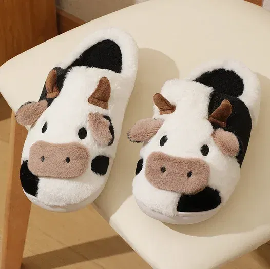 Color: Beige, Shoe Size: 4.5 - Cartoon Plush Cotton Slippers Women's Indoor Home Winter Cow Cotton Slippers Cute Autumn Winter Cotton Slippers Thick Soles