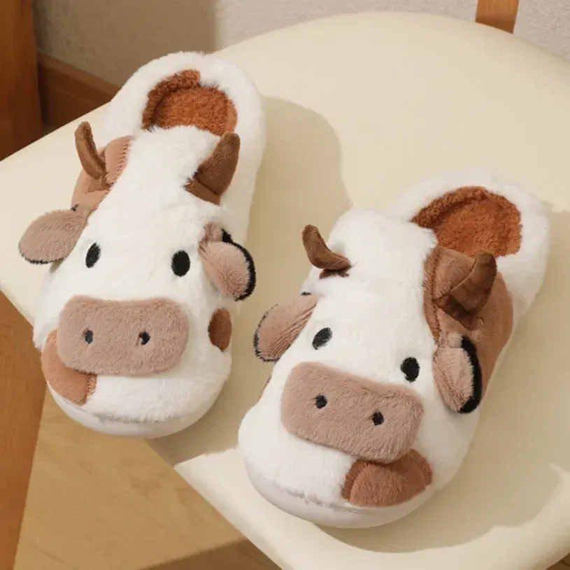 Color: Beige, Shoe Size: 4.5 - Cartoon Plush Cotton Slippers Women's Indoor Home Winter Cow Cotton Slippers Cute Autumn Winter Cotton Slippers Thick Soles