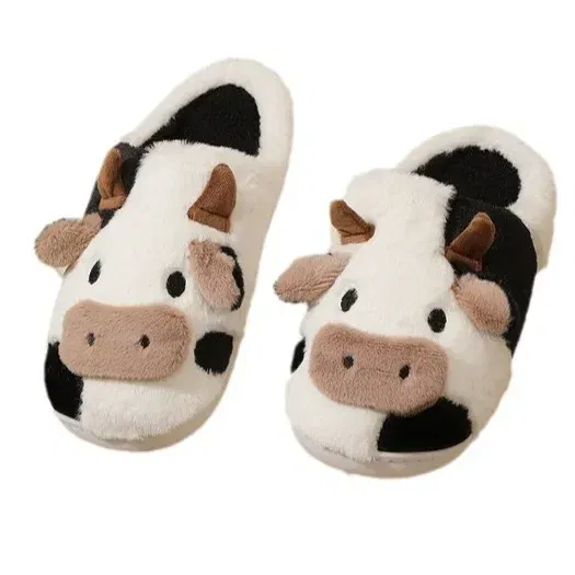 Color: Beige, Shoe Size: 4.5 - Cartoon Plush Cotton Slippers Women's Indoor Home Winter Cow Cotton Slippers Cute Autumn Winter Cotton Slippers Thick Soles