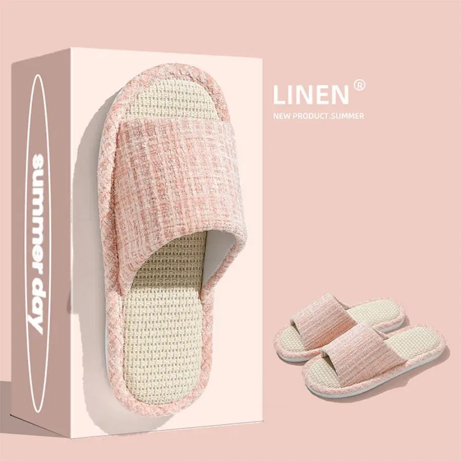 Color: Straw, Shoe Size: 40-41 - 2024 New Women's Fashion Home Linen Couple Slippers Breathable Home Shoes Moisture Absorbing Anti slip Cotton Linen Slippers
