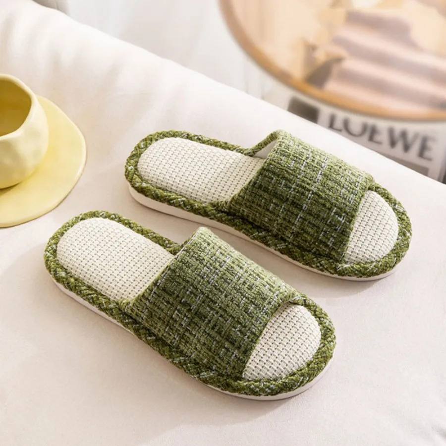 Color: Straw, Shoe Size: 40-41 - 2024 New Women's Fashion Home Linen Couple Slippers Breathable Home Shoes Moisture Absorbing Anti slip Cotton Linen Slippers