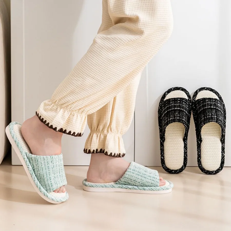 Color: Straw, Shoe Size: 40-41 - 2024 New Women's Fashion Home Linen Couple Slippers Breathable Home Shoes Moisture Absorbing Anti slip Cotton Linen Slippers