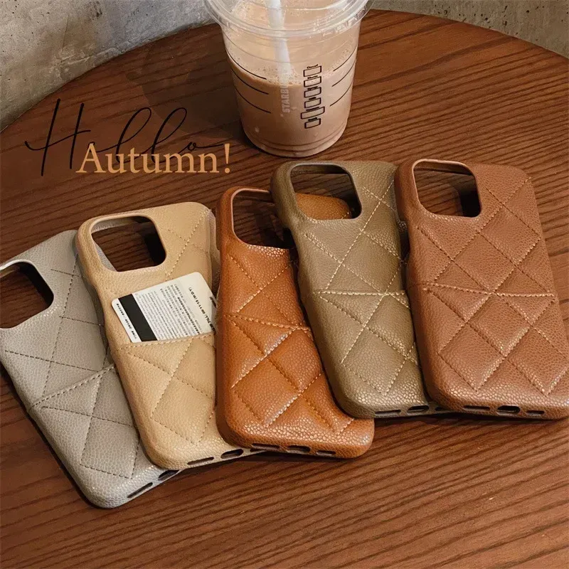 Color: Brown, Material: PE - Luxury Lattice Pattern Leather Cover for IPhone 16 15 14 13 Pro Max Credit Card Slot Holder Purse Wallet Shockproof Phone Case