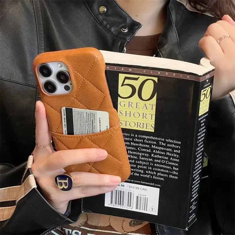 Color: Brown, Material: PE - Luxury Lattice Pattern Leather Cover for IPhone 16 15 14 13 Pro Max Credit Card Slot Holder Purse Wallet Shockproof Phone Case