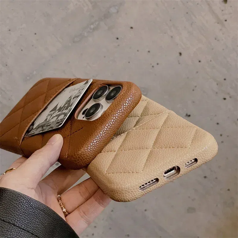 Color: Brown, Material: PE - Luxury Lattice Pattern Leather Cover for IPhone 16 15 14 13 Pro Max Credit Card Slot Holder Purse Wallet Shockproof Phone Case