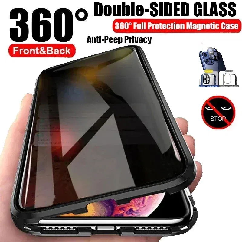 Color: green, Material: Genuine Leather - Double-Sided Privacy Magnetic Case For iPhone 16 12 13 14 15 11 Pro Max 14 Plus 16 Plus Anti Peeping Full Cover Metal Frame Case