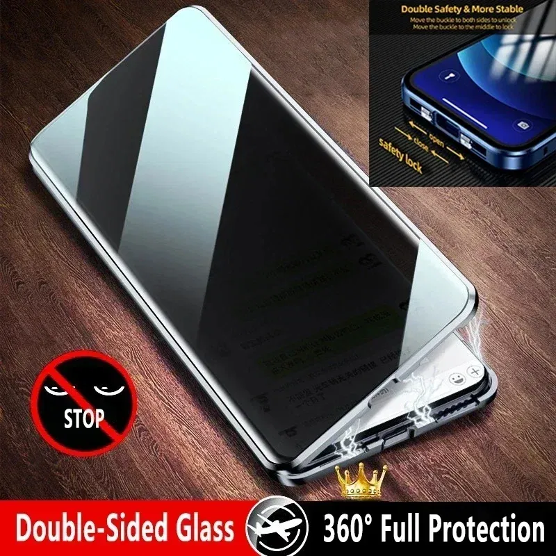 Color: green, Material: Genuine Leather - Double-Sided Privacy Magnetic Case For iPhone 16 12 13 14 15 11 Pro Max 14 Plus 16 Plus Anti Peeping Full Cover Metal Frame Case