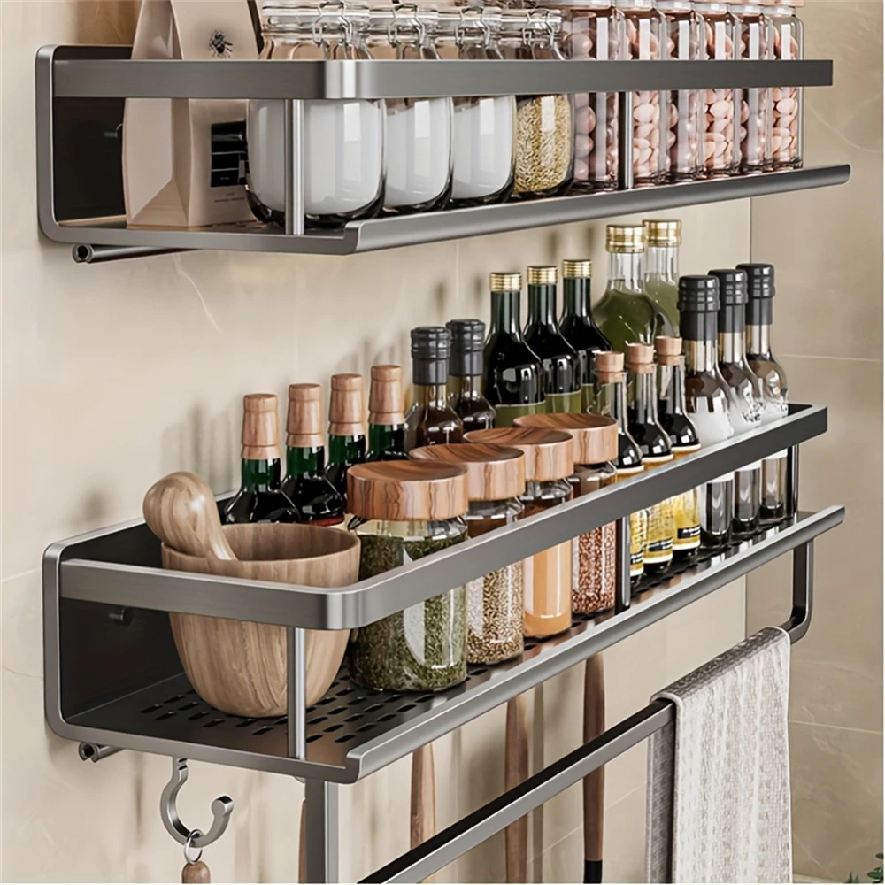 Color: plum - Multifunctional Kitchen and Bath Tray Wall-Mounted Aluminum Storage Rack Seasoning Bottle Storage Shelf Kitchen Storage Hooks