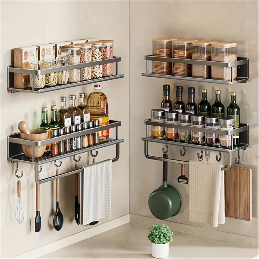 Color: plum - Multifunctional Kitchen and Bath Tray Wall-Mounted Aluminum Storage Rack Seasoning Bottle Storage Shelf Kitchen Storage Hooks