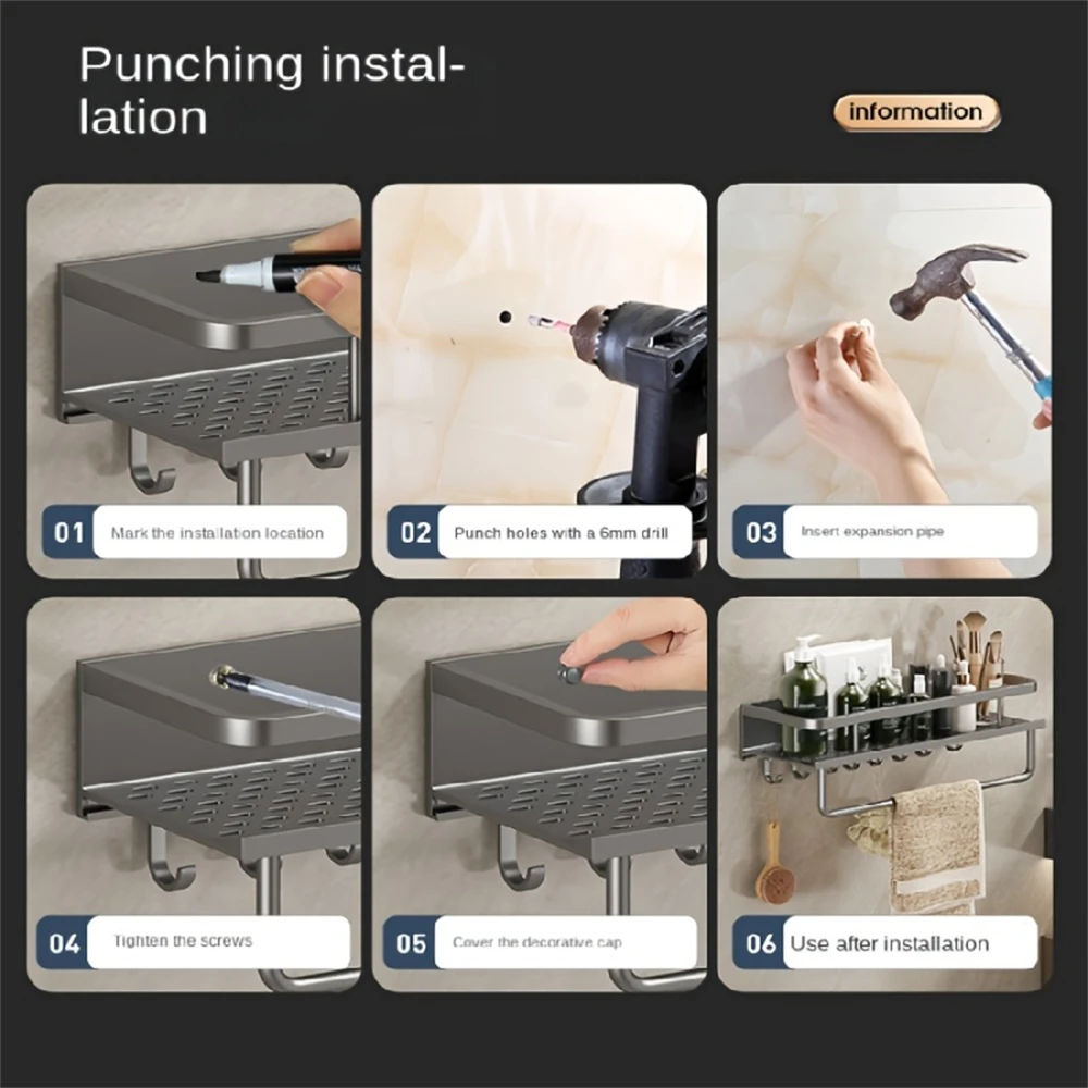 Color: plum - Multifunctional Kitchen and Bath Tray Wall-Mounted Aluminum Storage Rack Seasoning Bottle Storage Shelf Kitchen Storage Hooks