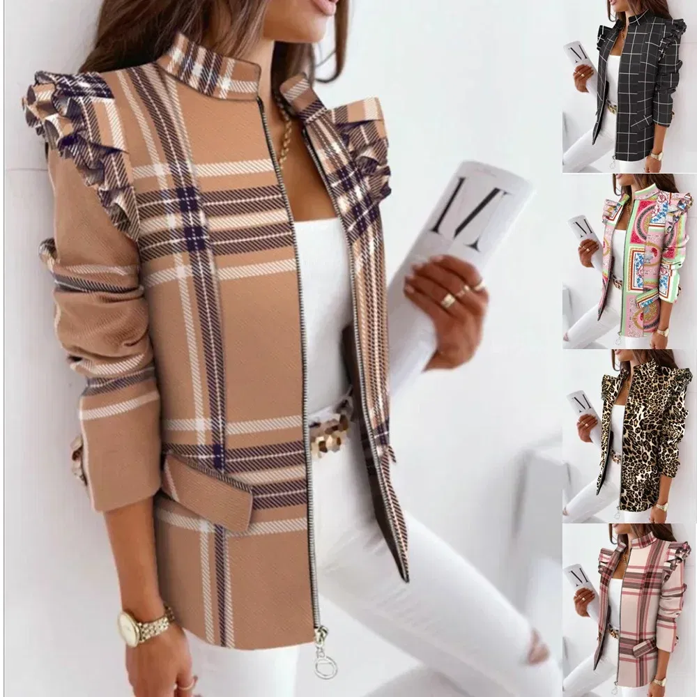 Color: Red, Size: M - 2022 Autumn and Winter Ruffled Long-sleeved Zipper Print Small Suit Jacket Women Blazers for Women Cropped Blazer Ladies Tops