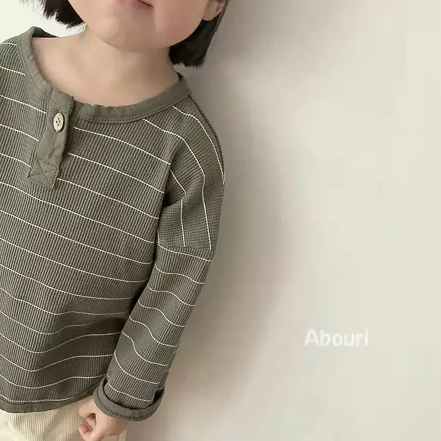 Color: Beige, Kid Size: 6 - Korean Children's Striped T-shirt 2024 Spring Boys and Girls' Long Sleeve T-shirt Bottom Shirt Baby Loose Top