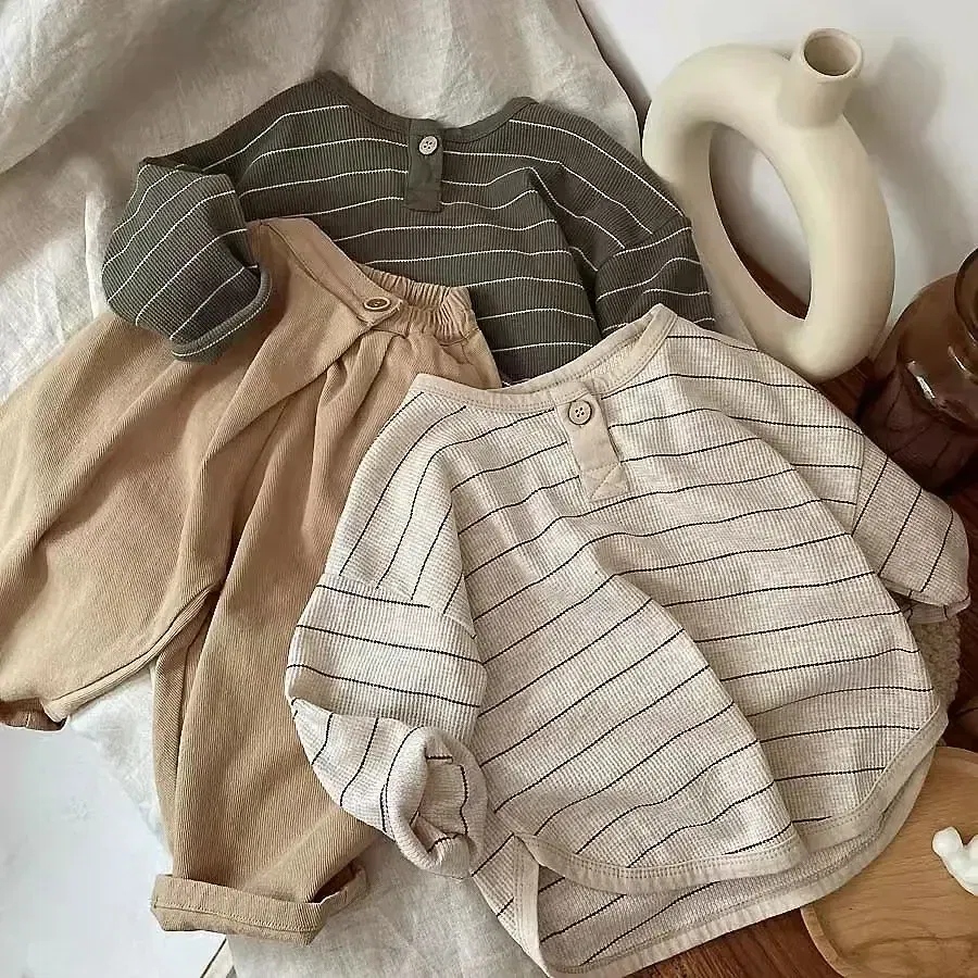 Color: Beige, Kid Size: 6 - Korean Children's Striped T-shirt 2024 Spring Boys and Girls' Long Sleeve T-shirt Bottom Shirt Baby Loose Top