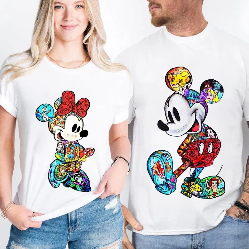 Color: black, Size: S - Disney Couples Mickey Mouse Minnie Print T-shirt Couples Men's and Women's Cotton Short Sleeve Casual Tops