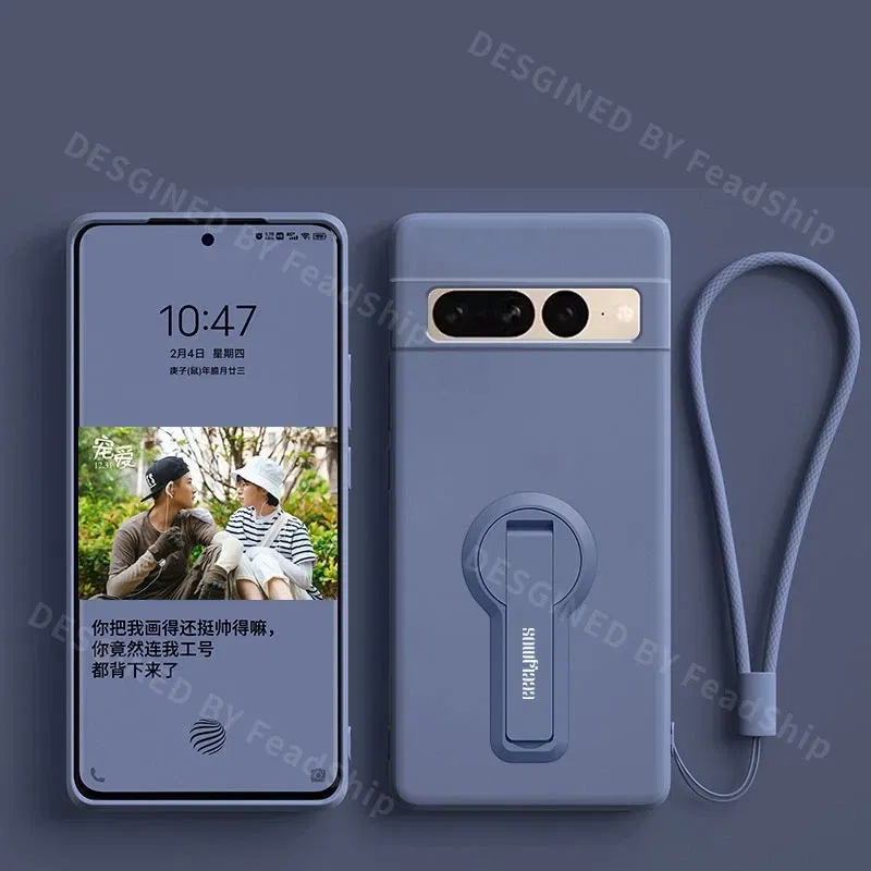 Color: SKY BLUE, Material: aluminum - Phone Case For Google Pixel 7 8 6 5 9 Pro XL Pixel 7A 6A 5A 8A 9A Soft Cover Silicone Case with Holder Stand Bracket Lanyard