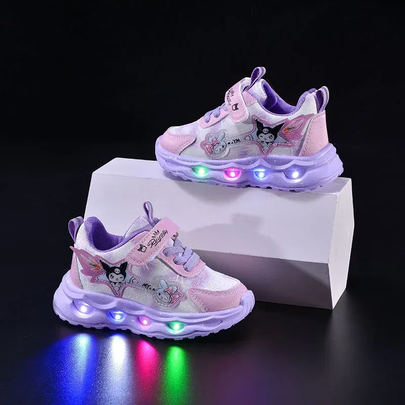 Color: PURPLE, Shoe Size: 3 - Kids'Casual Shoes Girls Led Light Cartoon PU Leather Spring Fashion Flat Bottom Anti-slip Soft Bottom Pink Purple Size 21-30