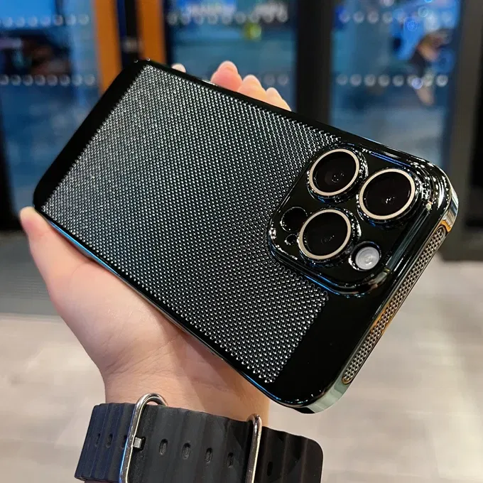 Color: Blue, Material: GENUINE LEATHER - Luxury Plating Hollowed Out Case for iPhone 12 13 Mini 11 14 Pro Max X XR Xs Max 7 8 Plus Heat Dissipation Shockproof Lens Cover