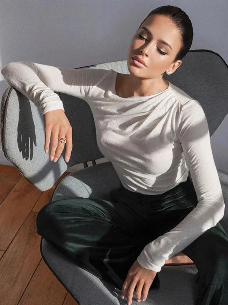 Color: WHITE, Size: S - Long Sleeve Top White T-Shirts Women Basic Crop Top Autumn Pollover Solid Skew Neck T Shirt Streetwear Basic Black Y2K Tees