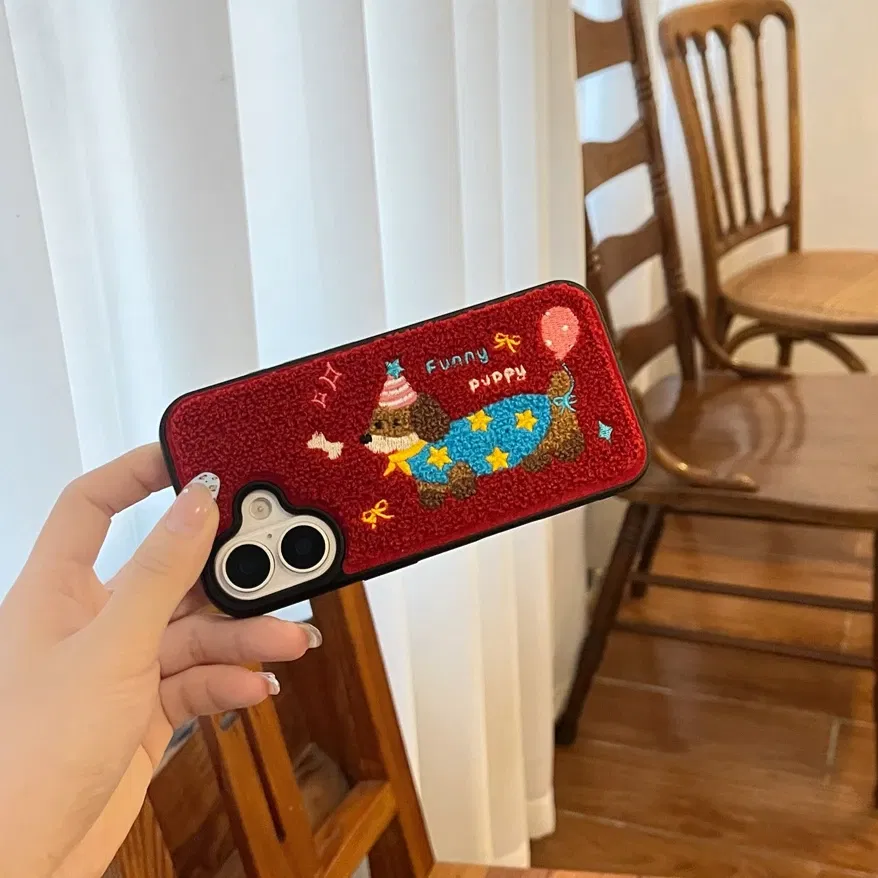 Color: Blue, Material: Cotton Fabric - Luxury Cartoon Embroidery Cute Dog Cats Colorful Dots Phone Case For iPhone 13 14 15 16 Pro Max Plush Winter Shockproof Cover