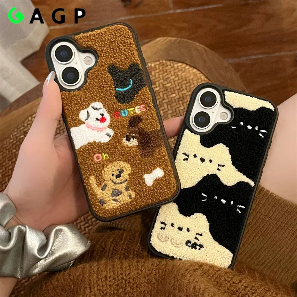 Color: Blue, Material: Cotton Fabric - Luxury Cartoon Embroidery Cute Dog Cats Colorful Dots Phone Case For iPhone 13 14 15 16 Pro Max Plush Winter Shockproof Cover