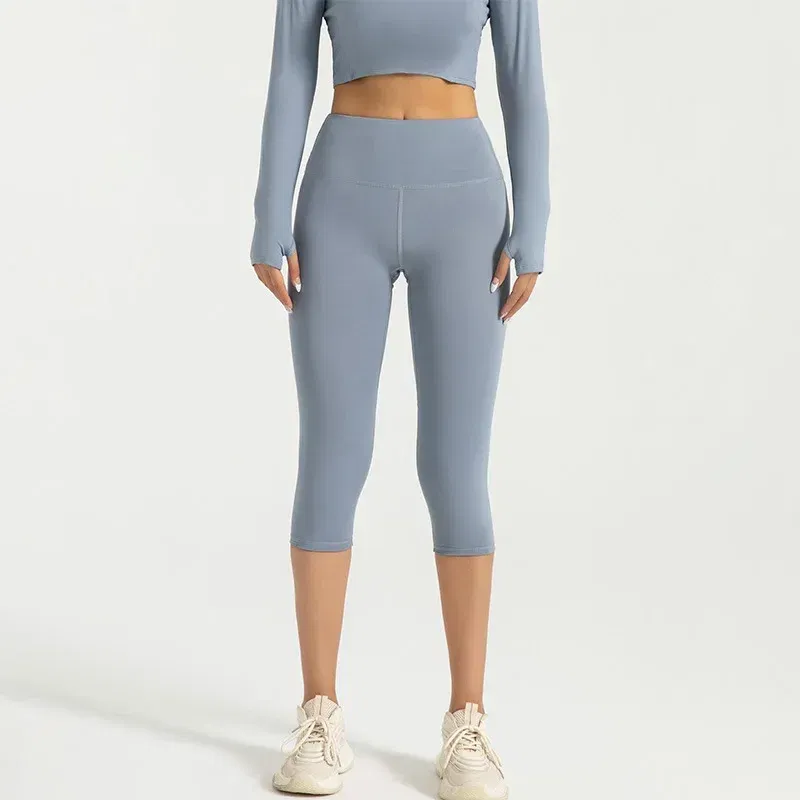 Color: Navy Blue, Size: M - Women's Yoga Pants High Waist Capri Pants 3/4 Leggings Exercise Seamless Abdomen Running Fitness Tights Gym
