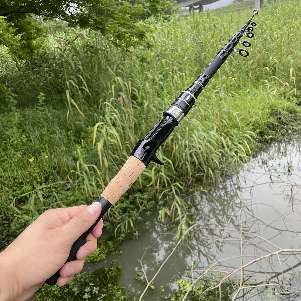 length: 2.4 m, Color: Red - Telescopic Lure Rod 1.5M 1.8M 2.1M 2.4M Carbon Spinning Rod Baitcasting Fishing Pole 8g-25g Wooden Handle Casting Fishing Tackle