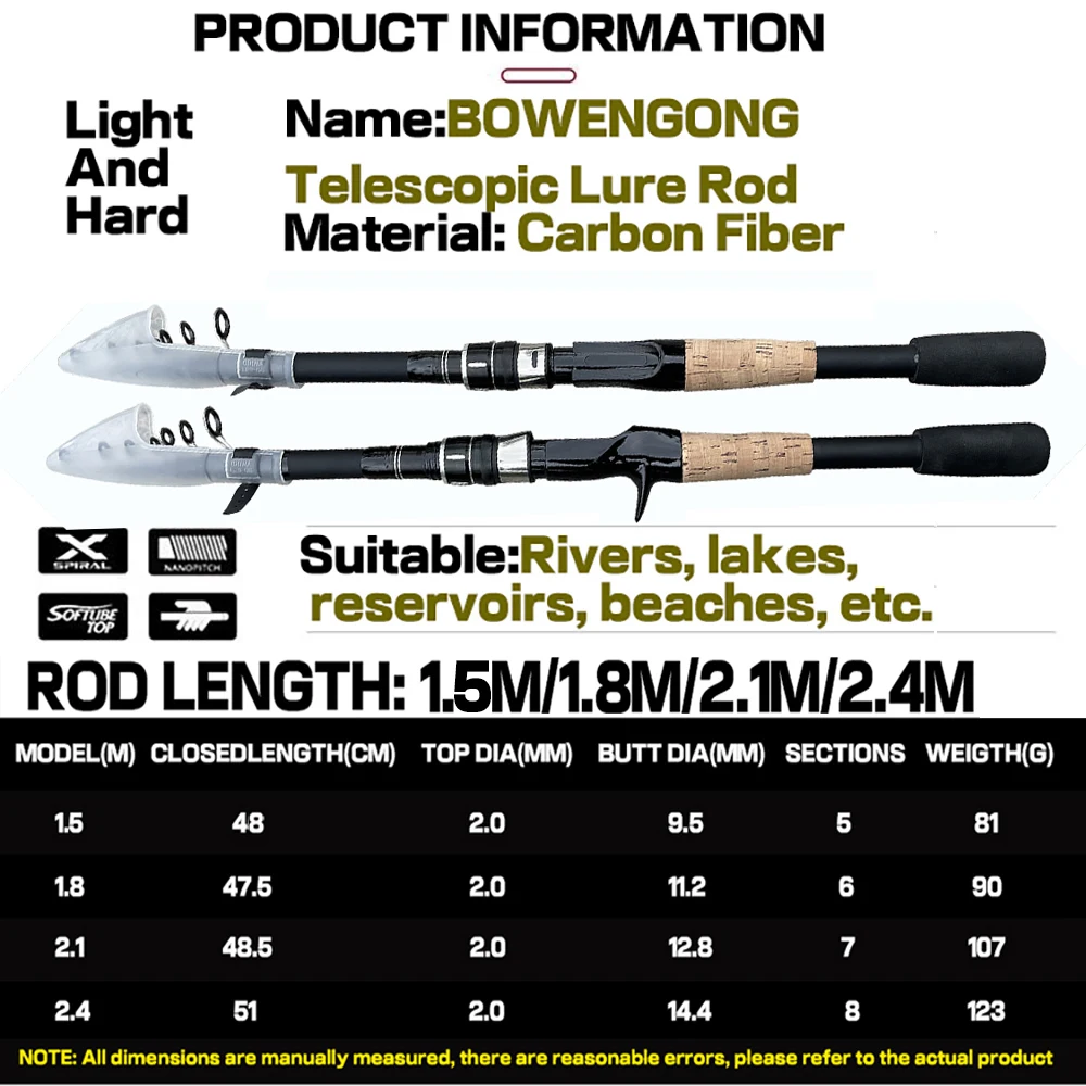 length: 2.4 m, Color: Red - Telescopic Lure Rod 1.5M 1.8M 2.1M 2.4M Carbon Spinning Rod Baitcasting Fishing Pole 8g-25g Wooden Handle Casting Fishing Tackle