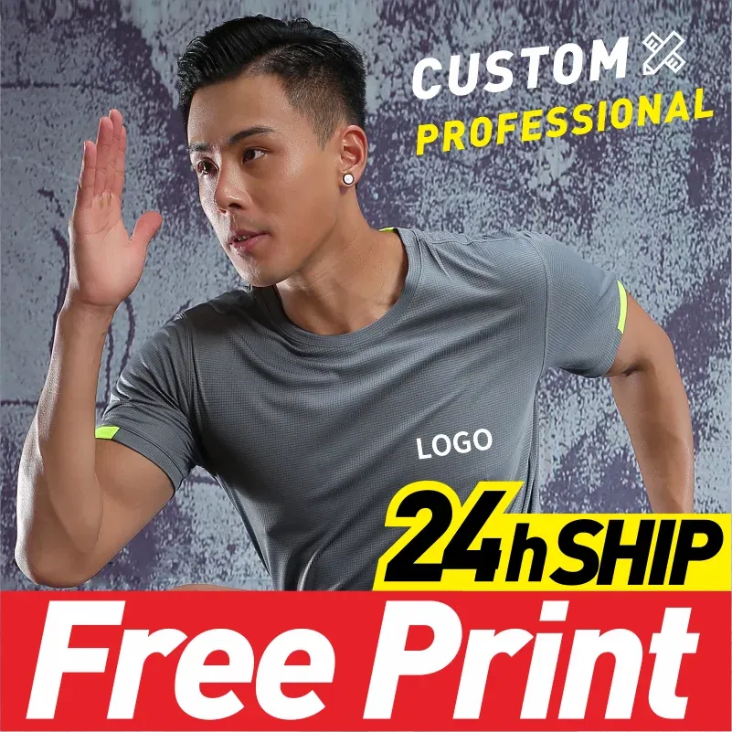 Color: Navy Blue, Size: XXL, Ships From: CN - Men's t-shirt quick-drying sports top, custom logo running T-shirt, trainer fitness shirt