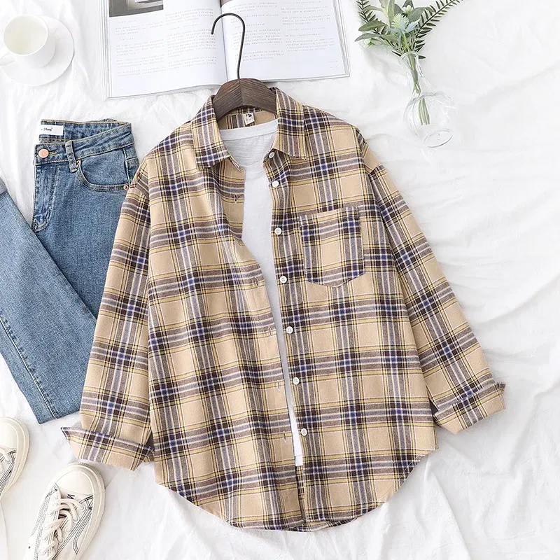 Color: MULTI, Size: M - Fresh Flannel Plaid Shirt Women 2025 New Female Blouses and Tops Cotton Loose Long Sleeve Casual Shirts Fine Women's Clothes