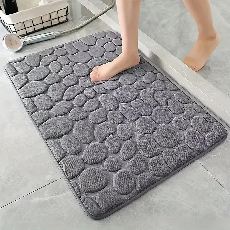 Non-Slip Memory Foam Bath Mat with Cobblestone Pattern Quick Dry, Plush Polyester, Rubber Backing, Machine Washable Rug