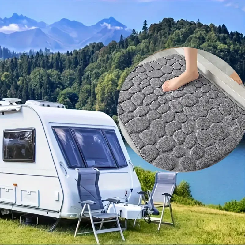 Non-Slip Memory Foam Bath Mat with Cobblestone Pattern  Quick Dry, Plush Polyester, Rubber Backing, Machine Washable Rug