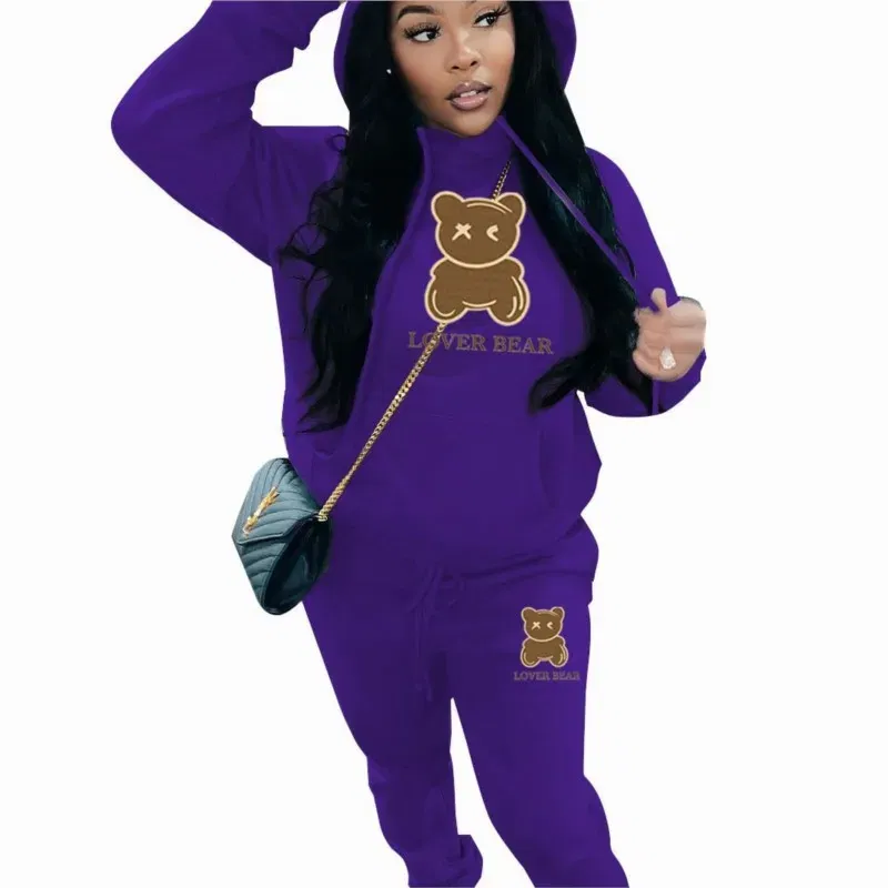 Color: Claret, Size: S - 2 Piece Set Women Outfit Letter Bear Print Hooded Neck Hoodies Sweatshirt Pants Tracksuit 2024 Plus Size Streetwear Casual Suit