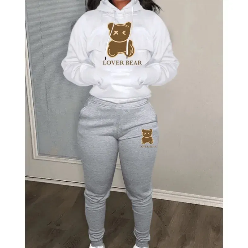Color: Claret, Size: S - 2 Piece Set Women Outfit Letter Bear Print Hooded Neck Hoodies Sweatshirt Pants Tracksuit 2024 Plus Size Streetwear Casual Suit