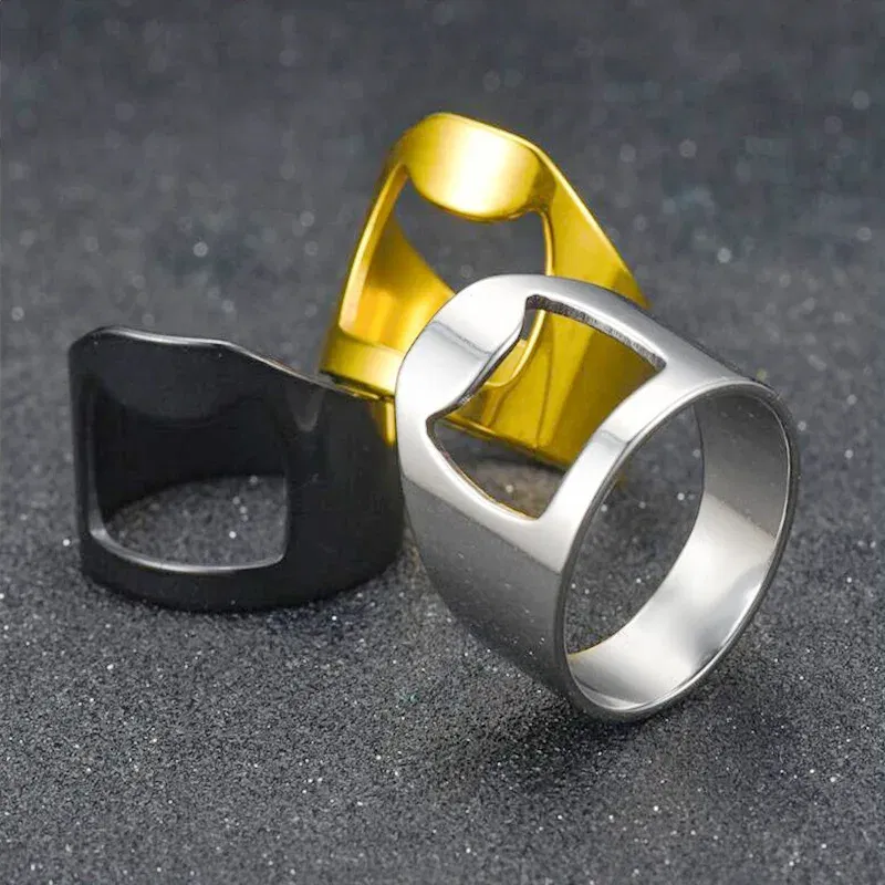 Main Stone Color: black, Ring Size: 8 - VIVILADY Titanium Stainless Steel Creative Bottle Opener Ring Jewelry For Unisex Punk Simple Fashion Party Bar Gift Wholesale