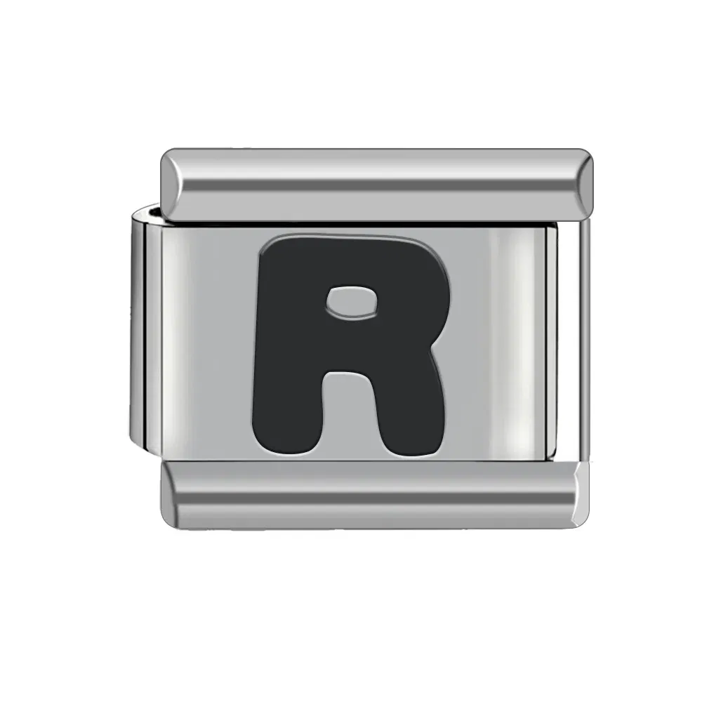 Metal Color: SILVER PLATED - Black 26 Letter 9mm Diy Italian Charm Stainless Steel Bracelet