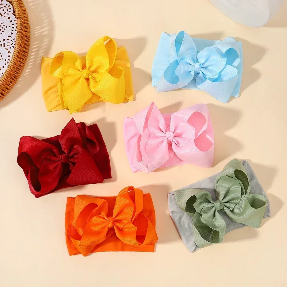 Color: PURPLE - 1pcs Baby Wide Ribbon Nylon Turban Girls Big Bows Hair Accessories Child Headband Elastic Hair Bands Ribbon Bows Infant Headwear