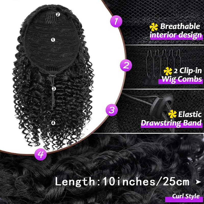 Color: 1B/30HL - Synthetic Drawstring Curly Ponytail Extension for African Women Short Afro Kinky Ponytail Extension