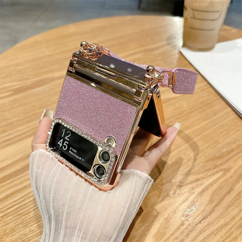 Color: Blue, Material: Cotton Fabric - For Samsung Galaxy Z Flip 6 5 4 3 Case 3D Jewelled Diamond Luxury Gradient Bling Glitter Wrist Strap Holder Tote Bags Cover