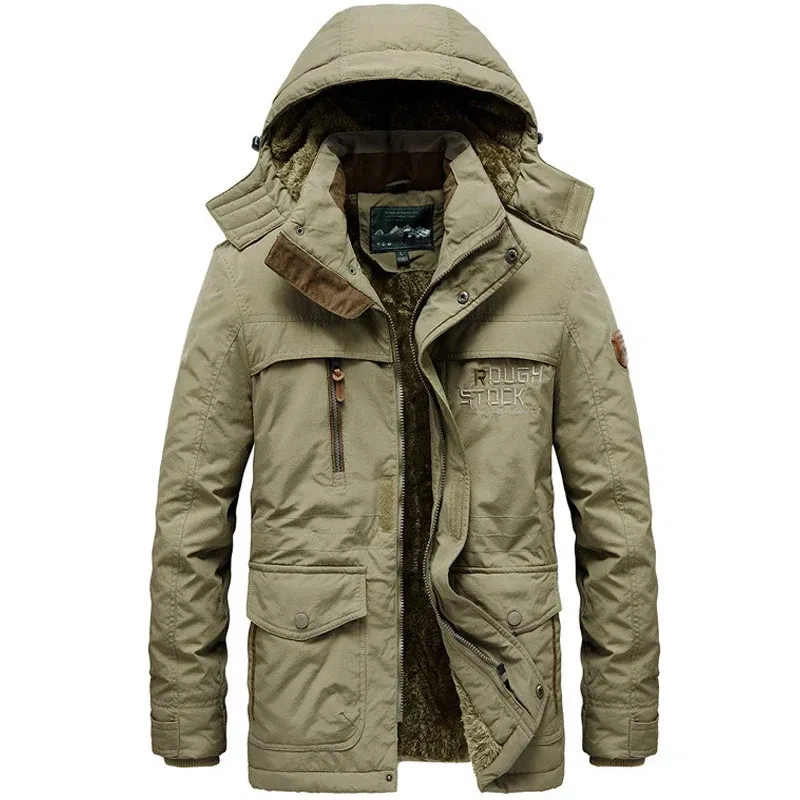 Color: Khaki, Size: L - TELLHIGH 2024 Winter Parka Men Jacket Mens Plus Velvet Men Hooded Windbreaker Coats Men Casual Warm Jackets Coat Detachable Hat