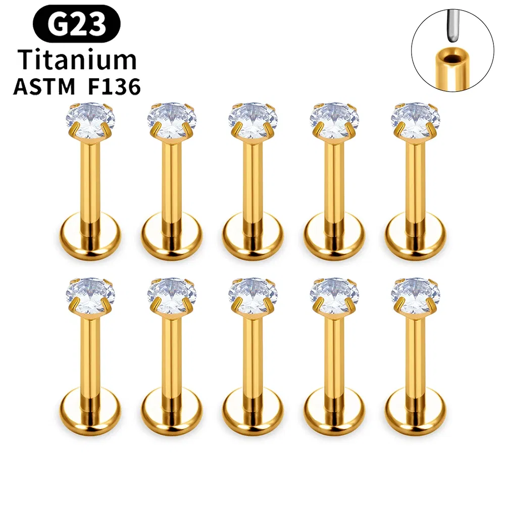Metal color: Light Yellow Color, Ships From: CHINA, Main Stone Color: Orange - 10PCS ASTM F136 G23 Titanium Piercing Labret Lip Ring Stud Earring CZ Ear Tragus Cartilage Helix Daith Pierc Jewelry 16/18/20g