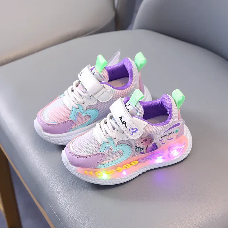 Color: PURPLE, Shoe Size: 13 - Disney Children Led Shoes Kids Girls Sneakers Frozen Elsa Princess Lighting Shoes Pink Purple Casual Sports Shoes Size 21-31