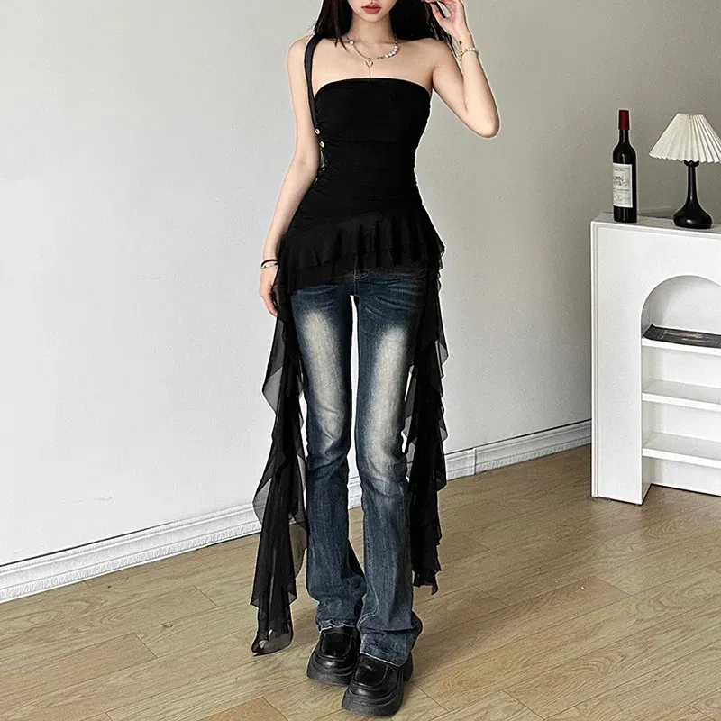 Color: WHITE, Size: L - Nibber 2024 Spring New Solid Color Sweet Gentle Cute All-match High Street Travel Sexy Cool Women Chest Wrap ruched Tassel Vest