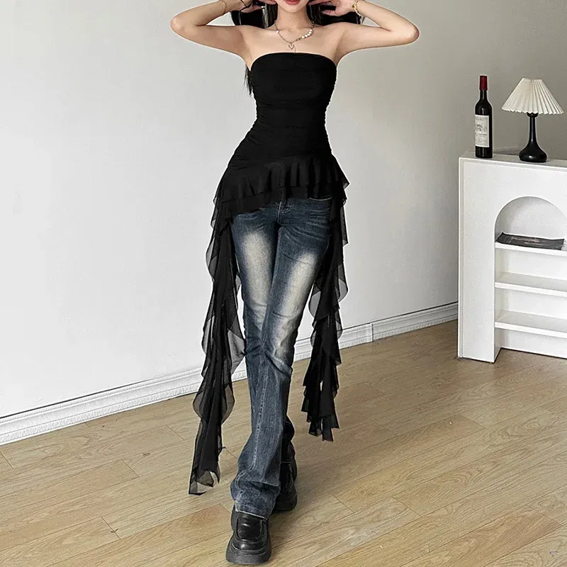 Color: WHITE, Size: L - Nibber 2024 Spring New Solid Color Sweet Gentle Cute All-match High Street Travel Sexy Cool Women Chest Wrap ruched Tassel Vest