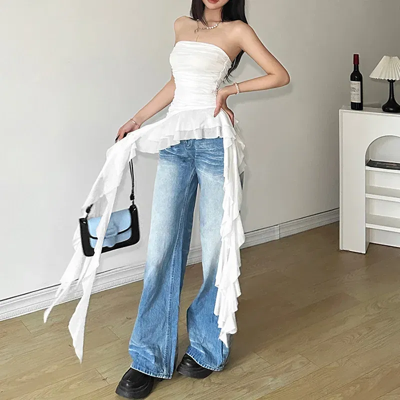 Color: WHITE, Size: L - Nibber 2024 Spring New Solid Color Sweet Gentle Cute All-match High Street Travel Sexy Cool Women Chest Wrap ruched Tassel Vest