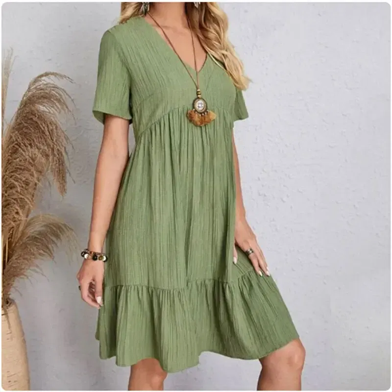 Size: M, Color: green - Women Summer Peplum Dresses Spring V-Neck Short Sleeve Loose Waist Ruffle Fit Flare Vocation Dresses
